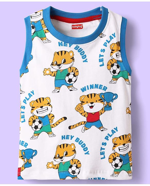 Babyhug Single Jersey Knit Sleeveless Tank T-Shirt & Shorts Set with Tiger Print - Blue