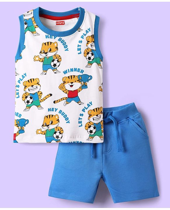 Babyhug Single Jersey Knit Sleeveless Tank T-Shirt & Shorts Set with Tiger Print - Blue