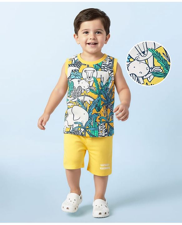 Babyhug Single Jersey Knit Sleeveless Tank T-Shirt & Shorts Set with Jungle Print - Yellow