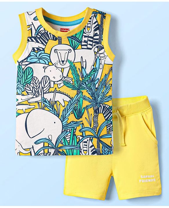 Babyhug Single Jersey Knit Sleeveless Tank T-Shirt & Shorts Set with Jungle Print - Yellow