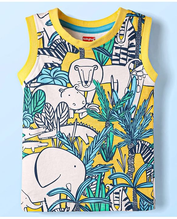 Babyhug Single Jersey Knit Sleeveless Tank T-Shirt & Shorts Set with Jungle Print - Yellow
