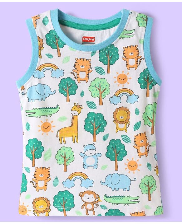 Babyhug Single Jersey Knit Sleeveless Tank T-Shirt & Shorts Set With Animal Print - White & Green