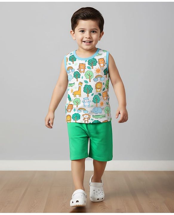 Babyhug Single Jersey Knit Sleeveless Tank T-Shirt & Shorts Set With Animal Print - White & Green