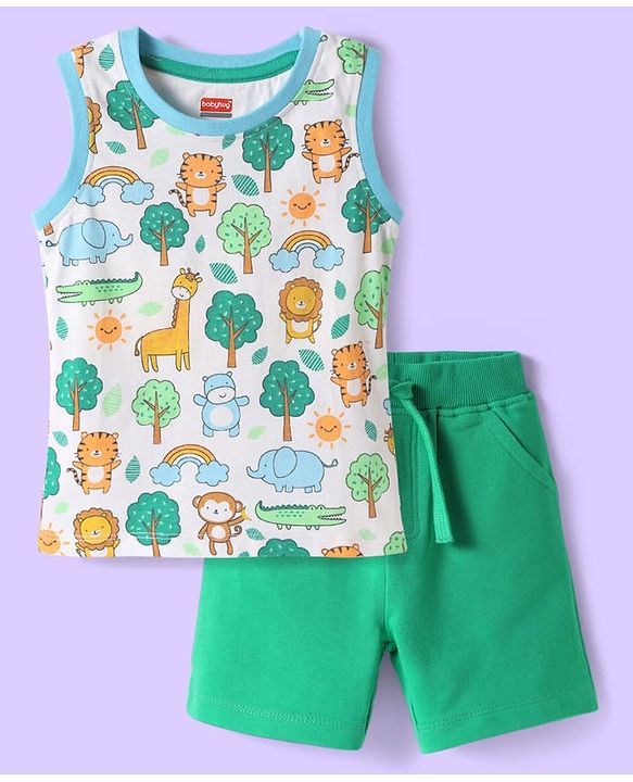Babyhug Single Jersey Knit Sleeveless Tank T-Shirt & Shorts Set With Animal Print - White & Green