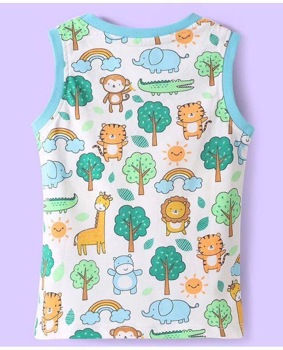 Babyhug Single Jersey Knit Sleeveless Tank T-Shirt & Shorts Set With Animal Print - White & Green