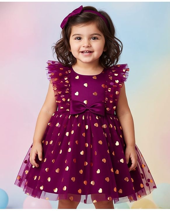 Babyhug Woven Frill Sleeves Fit & Flare Mesh Party Dress with Glitter Print & Bow Applique - Purple