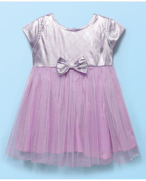 Babyhug Woven Cap Sleeves Mesh Dress with Bow Applique & Foil Print - Lavender
