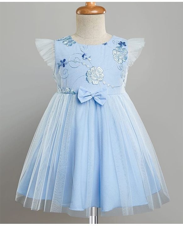 Babyhug Woven Frill Sleeves Glitter Mesh Dress with Bow Applique & Floral Embroidery - Light Blue