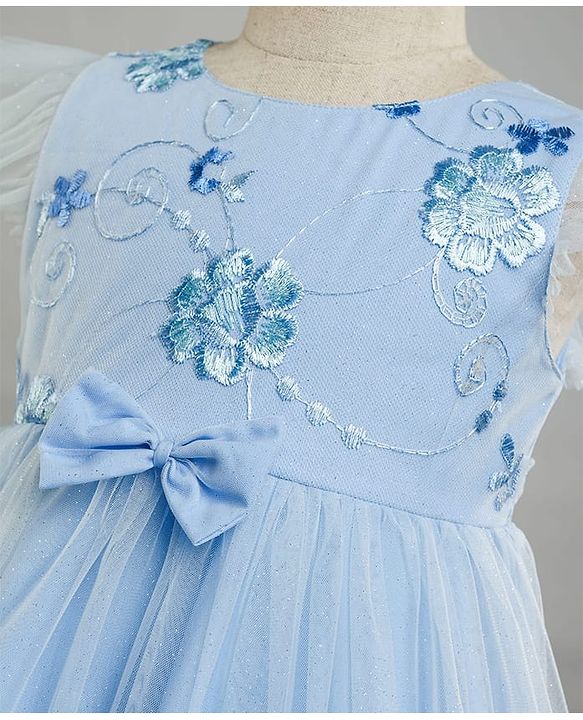 Babyhug Woven Frill Sleeves Glitter Mesh Dress with Bow Applique & Floral Embroidery - Light Blue