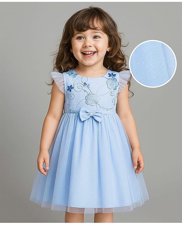 Babyhug Woven Frill Sleeves Glitter Mesh Dress with Bow Applique & Floral Embroidery - Light Blue