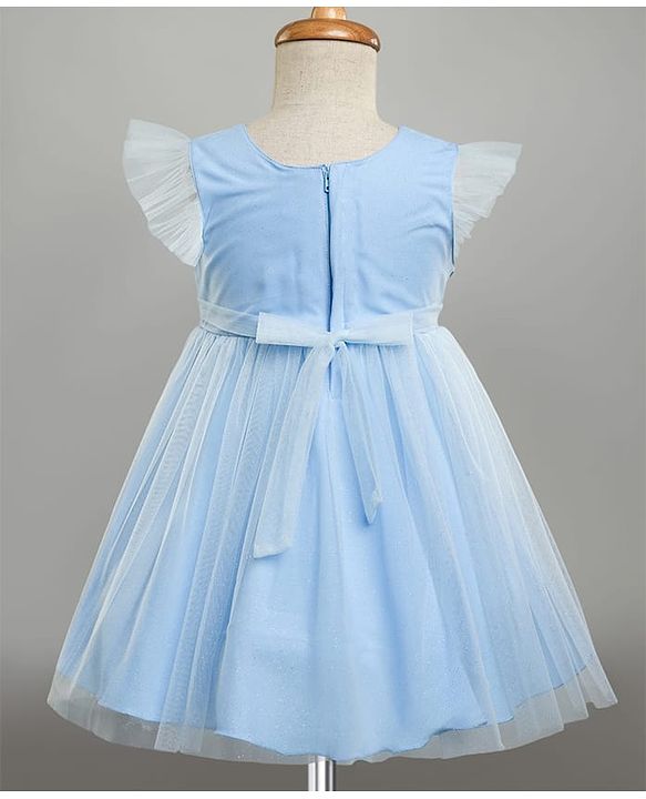 Babyhug Woven Frill Sleeves Glitter Mesh Dress with Bow Applique & Floral Embroidery - Light Blue