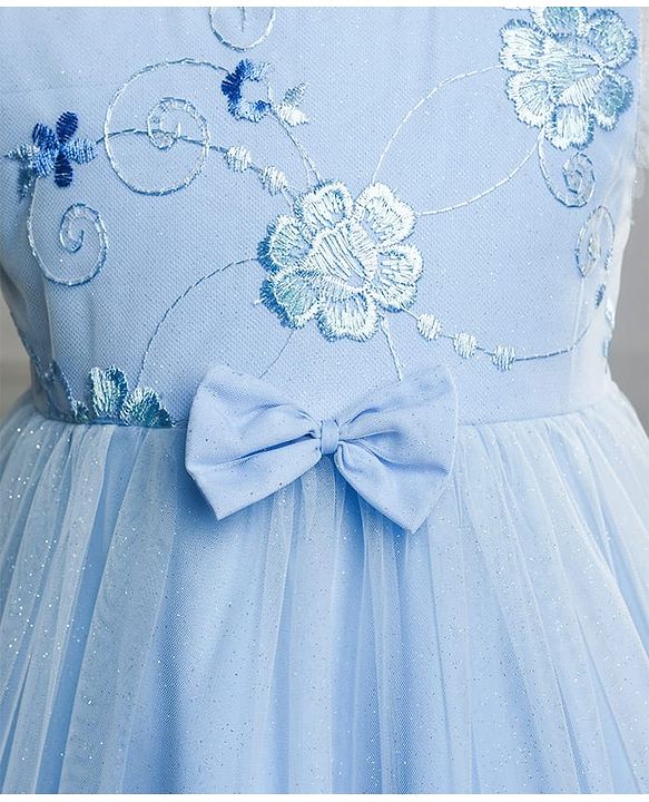Babyhug Woven Frill Sleeves Glitter Mesh Dress with Bow Applique & Floral Embroidery - Light Blue
