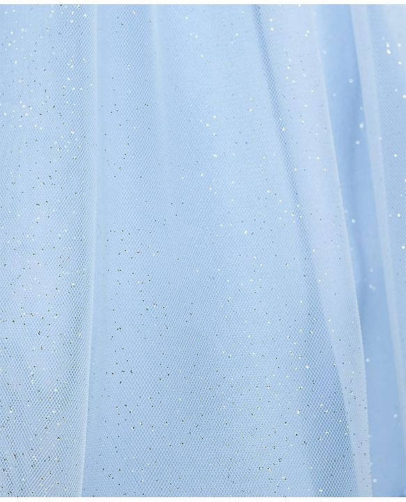 Babyhug Woven Frill Sleeves Glitter Mesh Dress with Bow Applique & Floral Embroidery - Light Blue
