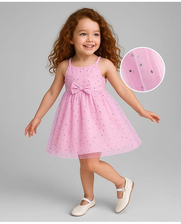 Babyhug Woven Sleeveless Dress with Bow Applique & Foil Print - Pink