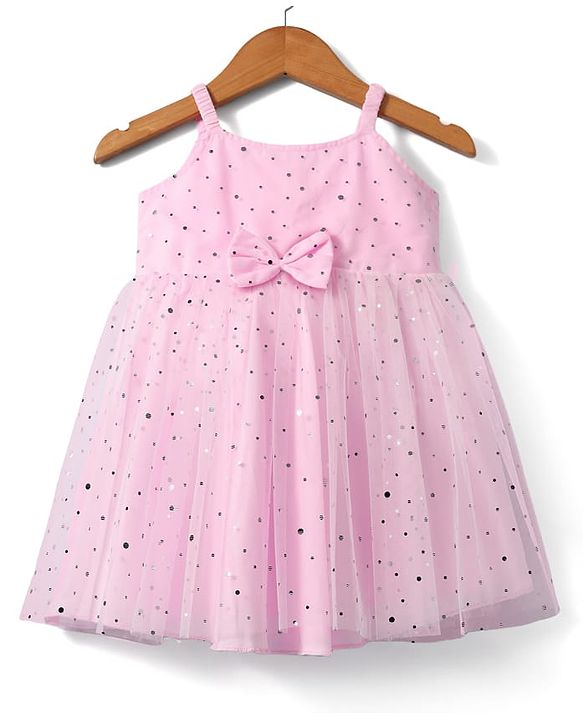 Babyhug Woven Sleeveless Dress with Bow Applique & Foil Print - Pink
