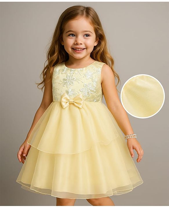 Babyhug Woven Sleeveless Party Dress with Floral & Bow Applique - Yellow