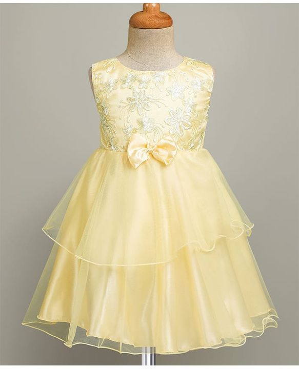 Babyhug Woven Sleeveless Party Dress with Floral & Bow Applique - Yellow
