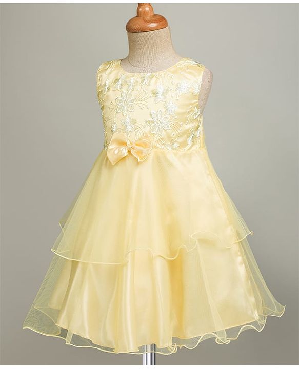 Babyhug Woven Sleeveless Party Dress with Floral & Bow Applique - Yellow