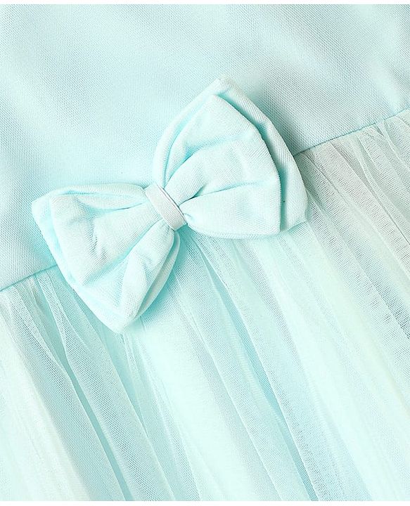 Babyhug Woven Half Puffed Sleeves Mesh Dress with Bow Applique - Mint
