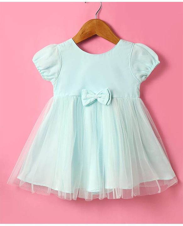 Babyhug Woven Half Puffed Sleeves Mesh Dress with Bow Applique - Mint