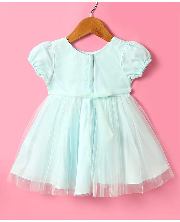 Babyhug Woven Half Puffed Sleeves Mesh Dress with Bow Applique - Mint