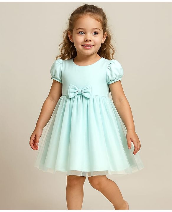 Babyhug Woven Half Puffed Sleeves Mesh Dress with Bow Applique - Mint