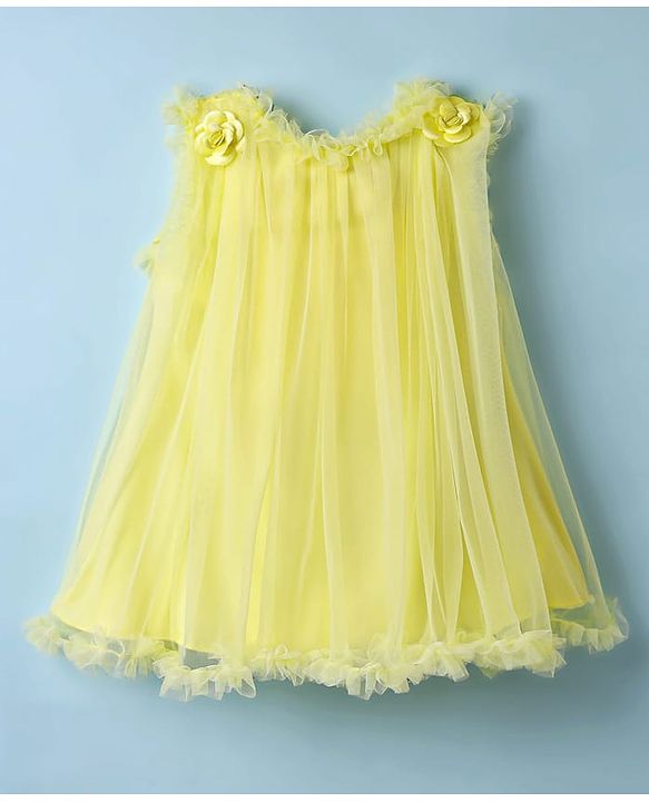 Babyhug Woven Sleeveless Mesh Party Dress With Floral Applique - Yellow