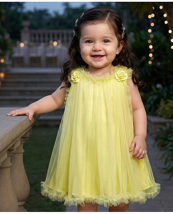 Babyhug Woven Sleeveless Mesh Party Dress With Floral Applique - Yellow