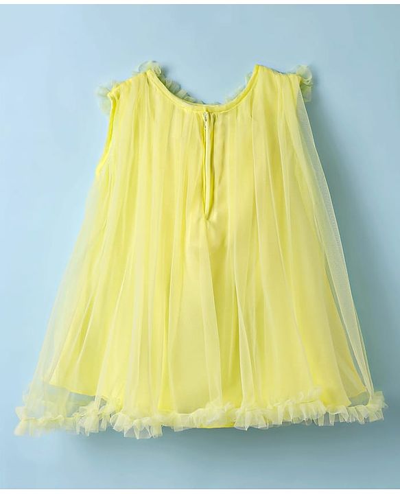 Babyhug Woven Sleeveless Mesh Party Dress With Floral Applique - Yellow