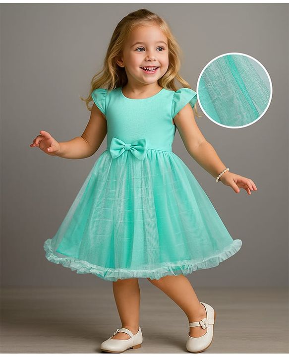 Babyhug Woven Cap Sleeves Party Dress With Bow Applique - Aqua Blue