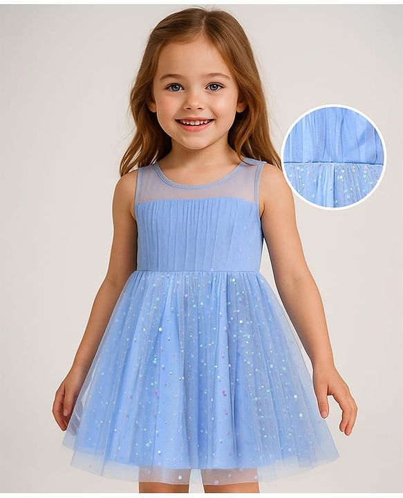 Babyhug Woven Sleeveless Mesh Dress with Foil Print - Light Blue