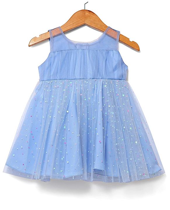 Babyhug Woven Sleeveless Mesh Dress with Foil Print - Light Blue