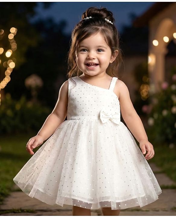 Babyhug Woven Sleeveless Mesh Dress with Bow Applique & Foil Print - White