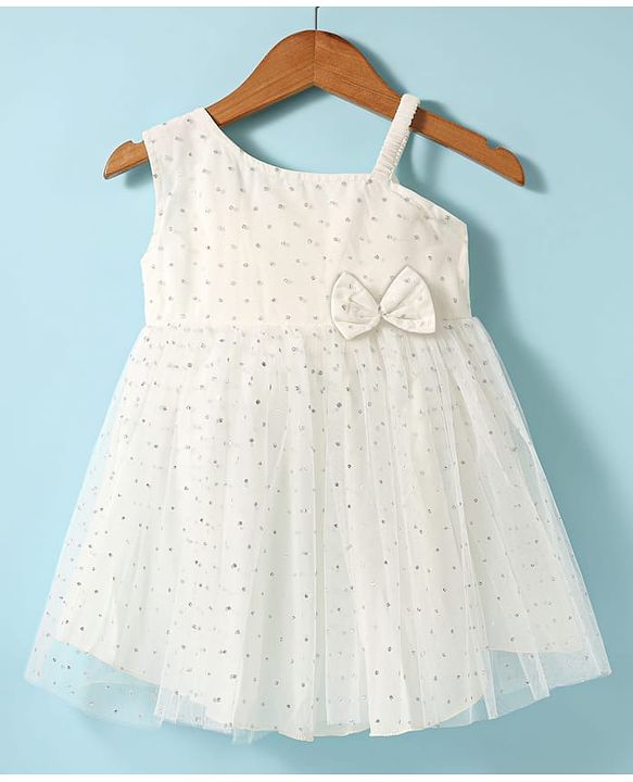 Babyhug Woven Sleeveless Mesh Dress with Bow Applique & Foil Print - White