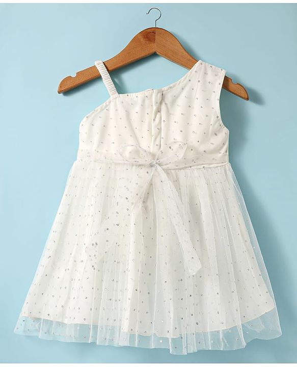 Babyhug Woven Sleeveless Mesh Dress with Bow Applique & Foil Print - White
