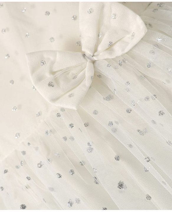 Babyhug Woven Sleeveless Mesh Dress with Bow Applique & Foil Print - White