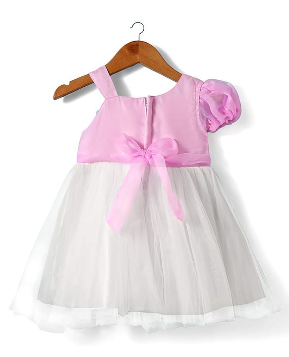 Babyhug Woven Sleeveless Mesh Dress with Bow Applique - Pink & White