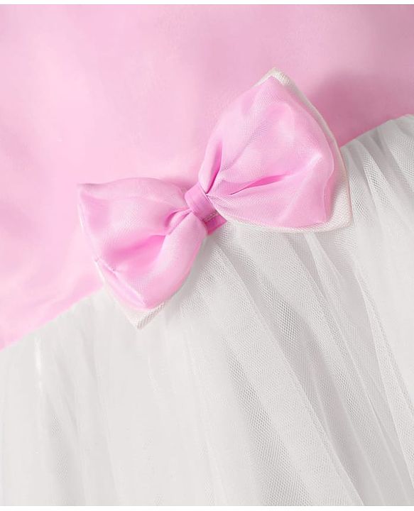 Babyhug Woven Sleeveless Mesh Dress with Bow Applique - Pink & White