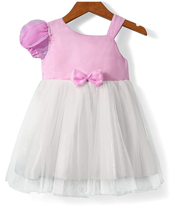 Babyhug Woven Sleeveless Mesh Dress with Bow Applique - Pink & White