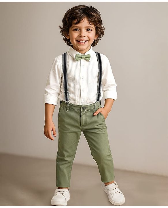 Babyhug Woven Full Sleeves Solid Color Pleated Shirt & Trouser Set with Bow & Suspender - White & Green