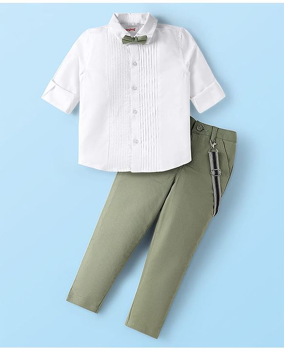 Babyhug Woven Full Sleeves Solid Color Pleated Shirt & Trouser Set with Bow & Suspender - White & Green