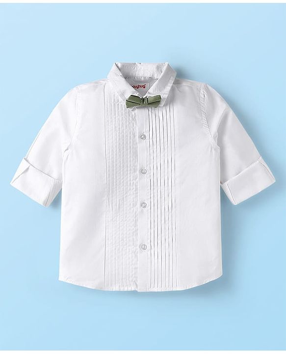 Babyhug Woven Full Sleeves Solid Color Pleated Shirt & Trouser Set with Bow & Suspender - White & Green