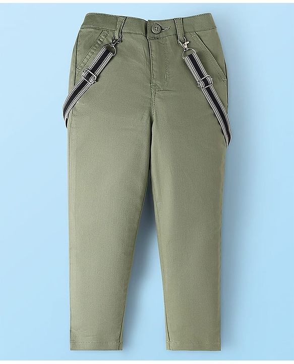 Babyhug Woven Full Sleeves Solid Color Pleated Shirt & Trouser Set with Bow & Suspender - White & Green
