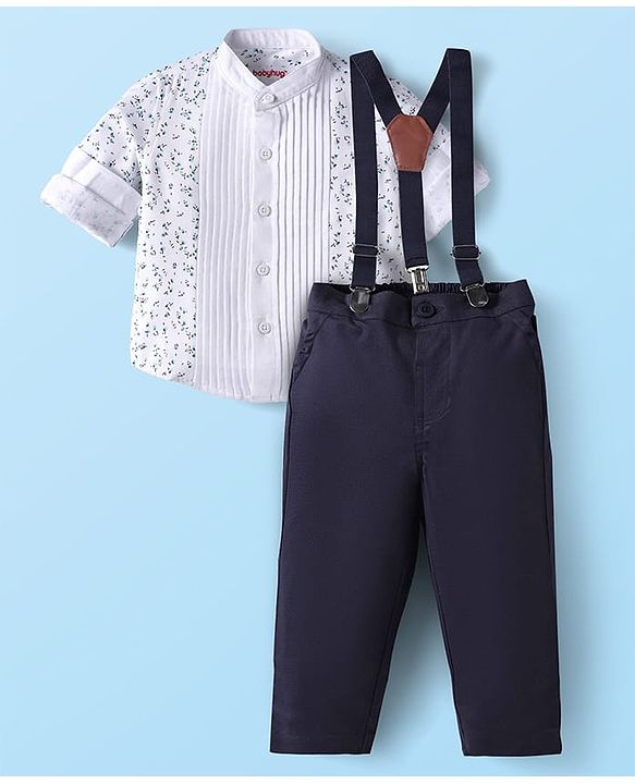 Babyhug Woven Full Sleeves Floral Printed Shirt & Trouser Set with Suspender - White & Navy Blue