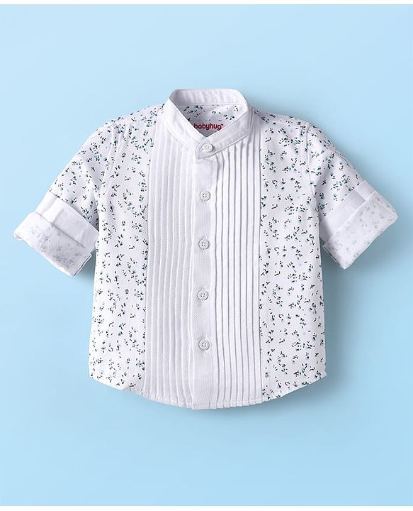 Babyhug Woven Full Sleeves Floral Printed Shirt & Trouser Set with Suspender - White & Navy Blue