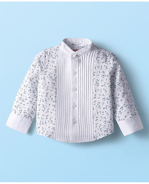 Babyhug Woven Full Sleeves Floral Printed Shirt & Trouser Set with Suspender - White & Navy Blue