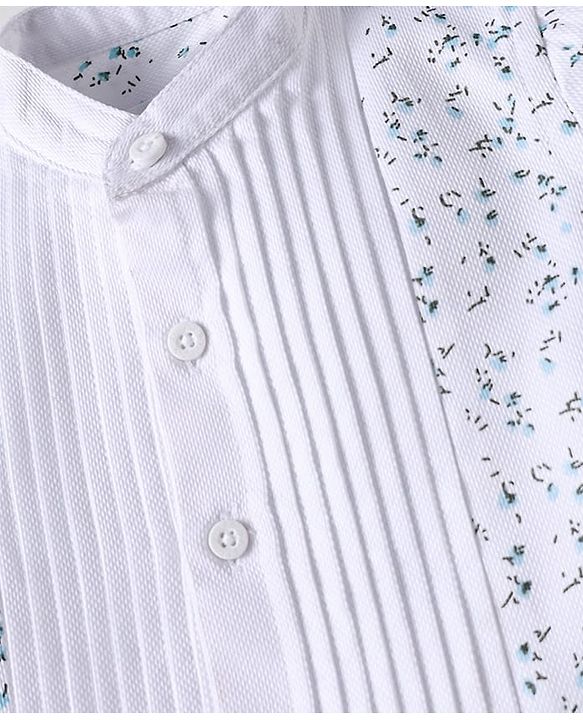 Babyhug Woven Full Sleeves Floral Printed Shirt & Trouser Set with Suspender - White & Navy Blue