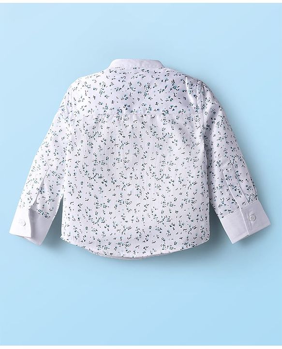 Babyhug Woven Full Sleeves Floral Printed Shirt & Trouser Set with Suspender - White & Navy Blue