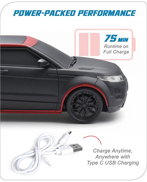 Babyhug 1:24 C-Type Rechargeable Remote Control Racing Car |Black-Red Finish| Gifting Car for 4 years + Kids| BIS Certified - Black