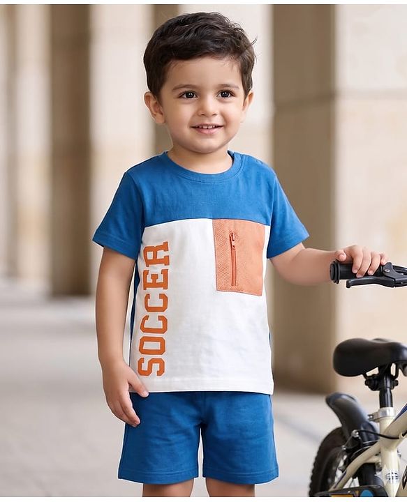 Babyhug Single Jersey Knit Half Sleeves T-Shirt & Shorts With Soccer Text Print - Blue & White